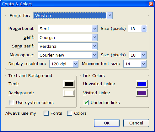Firefox Fonts & Colors dialog